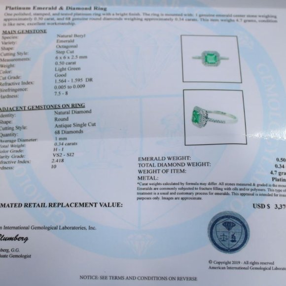 Certified Emerald .50ct Diamonds 950 Platinum Ring - Picture 8 of 10
